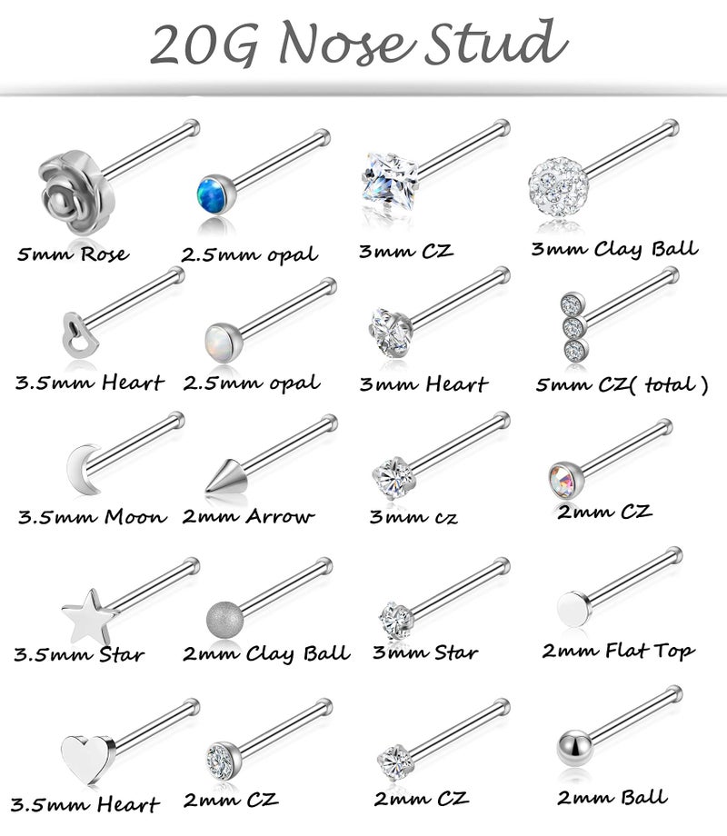 Tornito 20G 20Pcs Nose Ring CZ Nose Stud Retainer Bone Labret Nose Piercing Jewelry Set Stainless Steel Silver Tone - Image 3